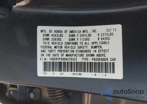 2013 Honda Accord Ex-L V-6 из США, поврежденный, VIN 1HGCR3F89DA029502